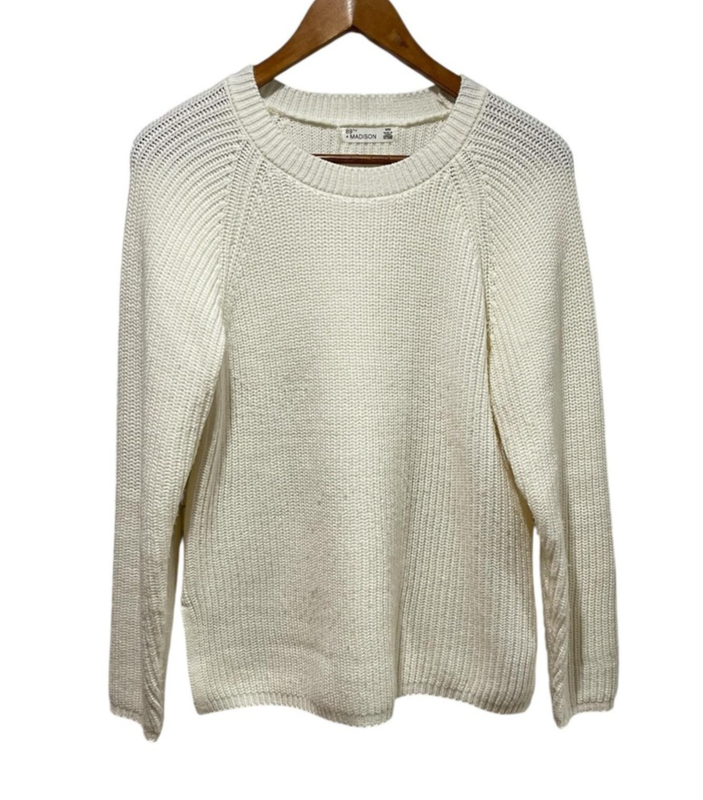 89th + Madison Sweater Women’s Med Ivory Textured Knit Sweater Crew Neck Casual