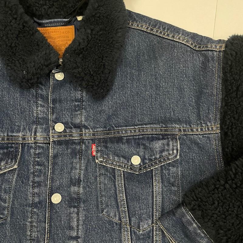 $98 Levis Premium Womens Size S Cocoon Bomber Sherpa Trucker Jacket Dark Wash