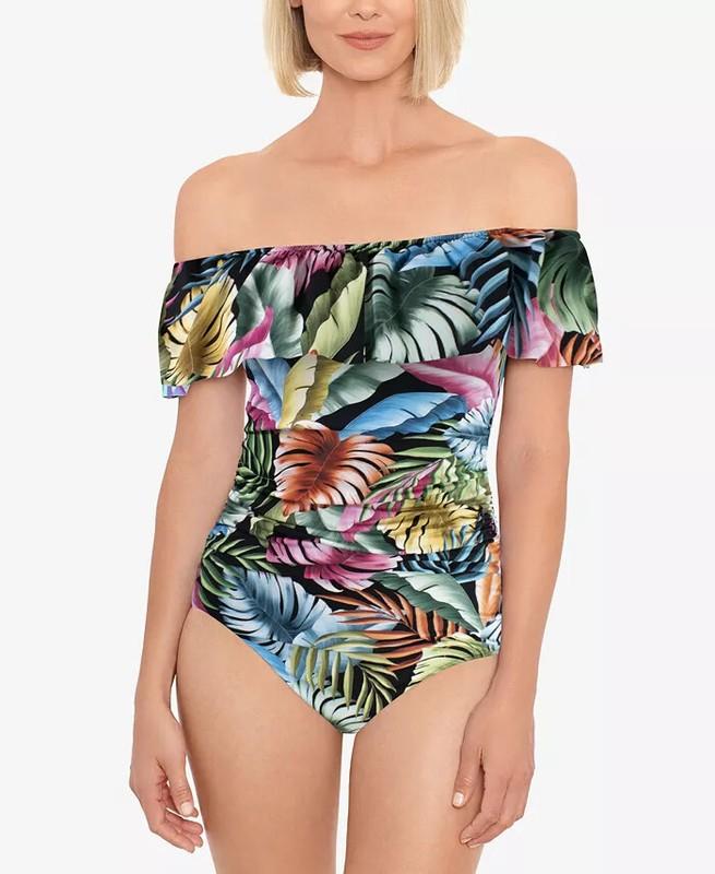 $99 Swim Solutions Off-The-Shoulder Tummy-Control One-Piece Swimsuit Black 10