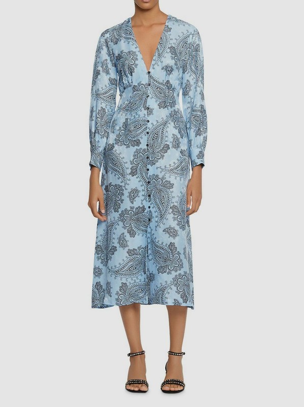 $999 Sandro Women's Blue Beane Paisley V-Neck Midi Button A-Line Dress Size US S