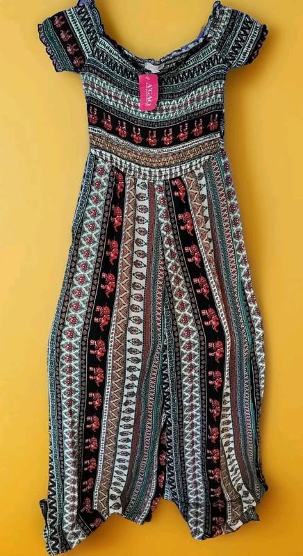 A'gaci Women's Pull Up Pantsuit Multicolor Print Size M Elastic Top Wide Leg