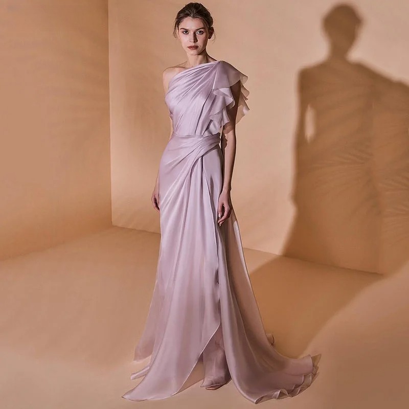 A-Line Light Purple Prom Dresses One Shoulder Party Floor-Length Evening Dress
