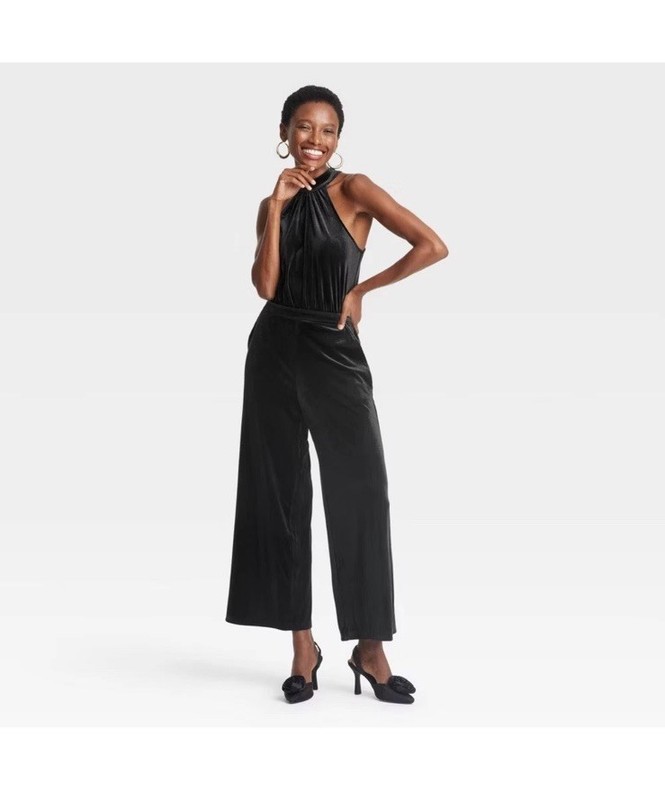 A New Day Women's Size M Black Velvet Jumpsuit Halter Neckline PARTY COCKTAIL