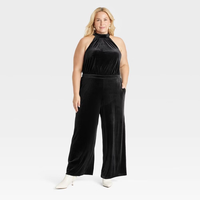 A New Day Women's Velvet Jumpsuit Halter Neckline Side Pocket