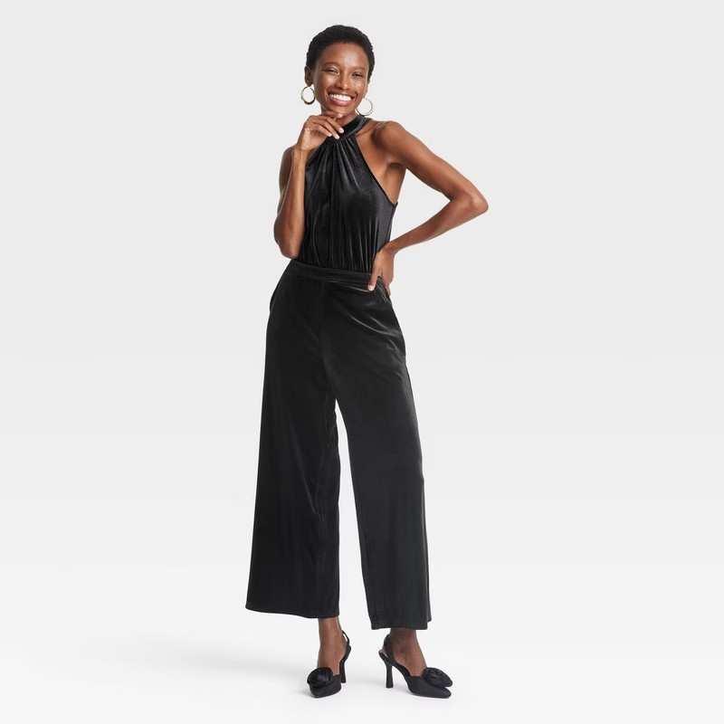 A New Day Women's Velvet Jumpsuit Halter Neckline Side Pocket