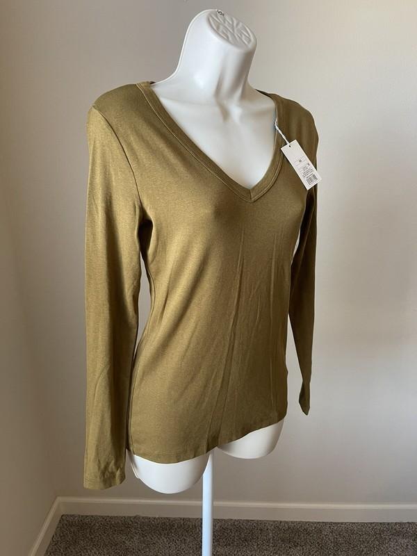 A New Day Womens Olive Long Sleeve V-Neck Stretch Pullover T-Shirt S XS