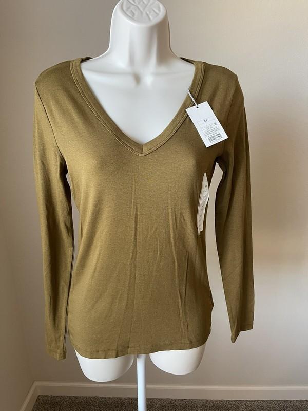 A New Day Womens Olive Long Sleeve V-Neck Stretch Pullover T-Shirt s XS
