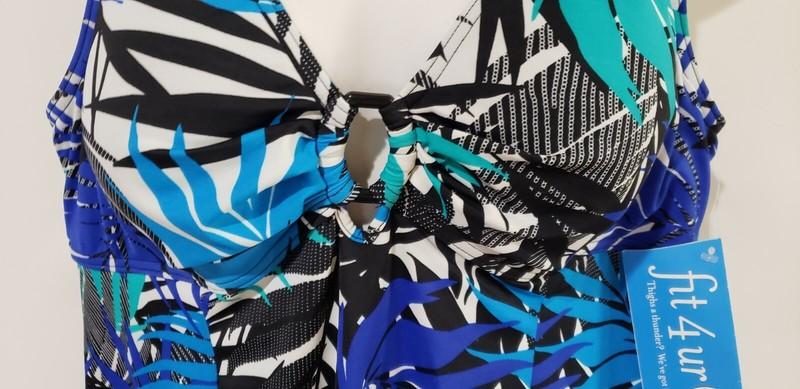 A Shore Fit Thigh Solutions Swimdress Plus Size Swimsuit Ring Front Blue Floral
