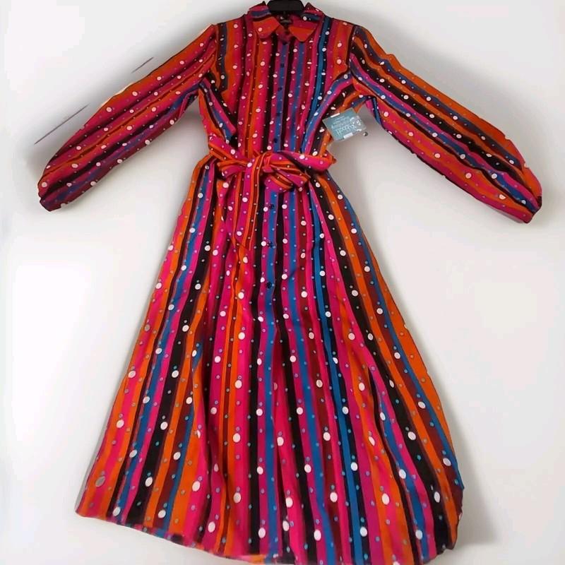 Abbott Elementary Pink Stripe Dot Multi Color Long Sleeve Button Dress Xs
