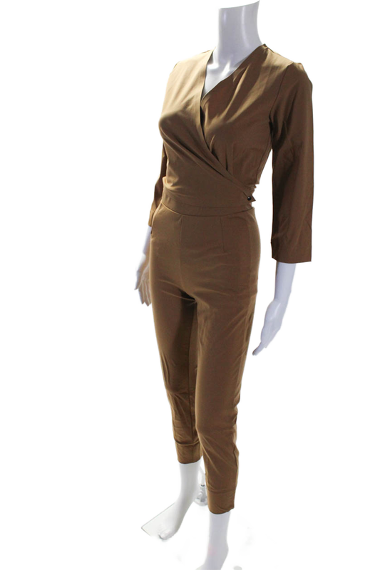 Aday Womens V-Neck Long Sleeve Destination Jumpsuit One Piece Camel Size XS