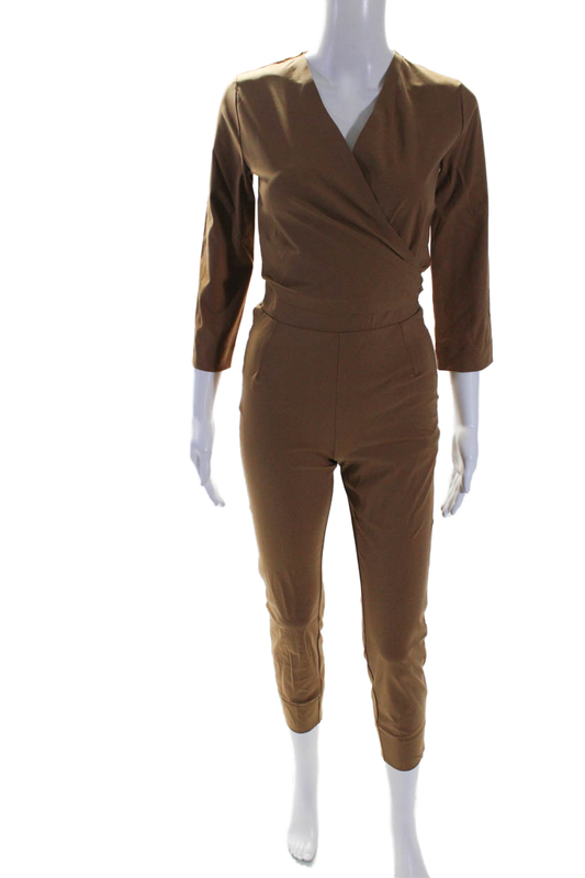 Aday Womens V-Neck Long Sleeve Destination Jumpsuit One Piece Camel Size XS