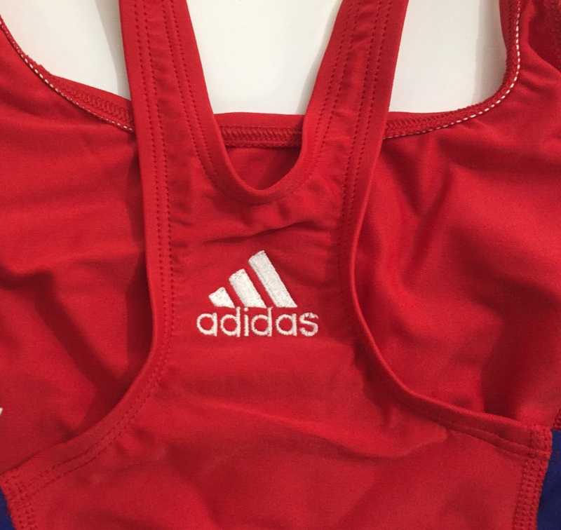 Adidas Young Women's Swimming Top Red Blue With 3 White Stripes Size M