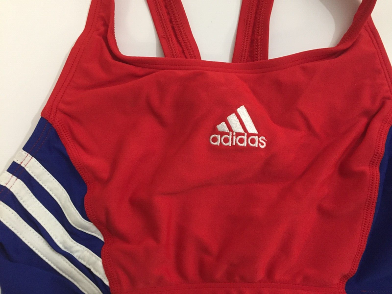 Adidas Young Women's Swimming Top Red Blue With 3 White Stripes Size M