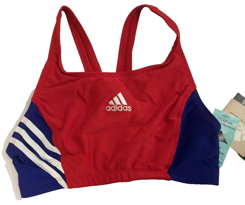 adidas Young women's swimming top red blue with 3 white stripes size M