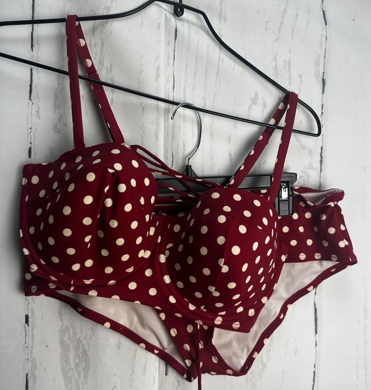 Adore Me XL Burgundy w White Polka Dot 38DD Underwire Top / XL Bottom