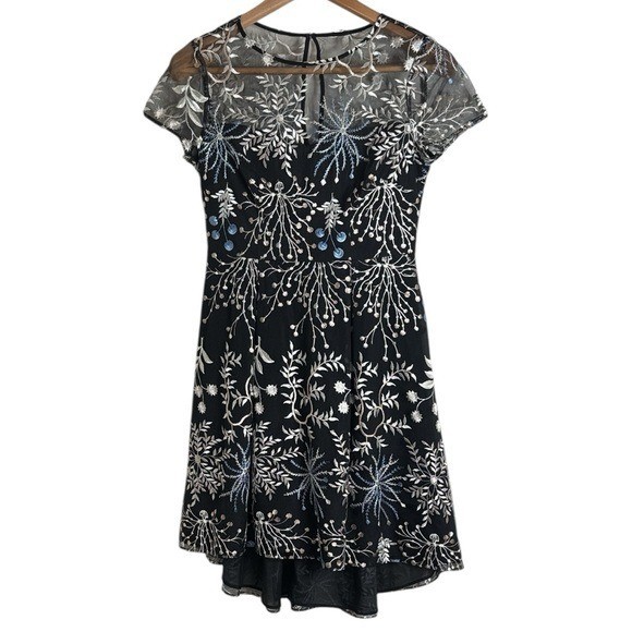 Adrianna Papell High-Low Floral Illusion Neckline Sheer Lace Overlay Dress Sz 4P