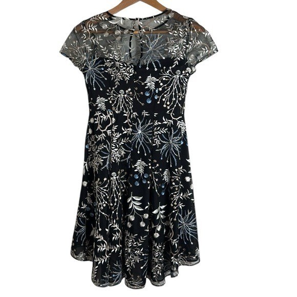 Adrianna Papell High-Low Floral Illusion Neckline Sheer Lace Overlay Dress Sz 4P