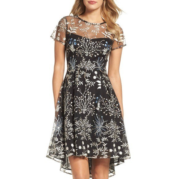 Adrianna Papell High-Low Floral Illusion Neckline Sheer Lace Overlay Dress sz 4P