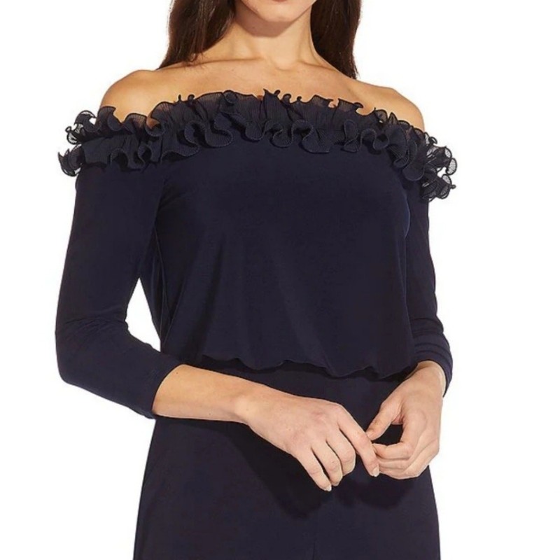 Adrianna Papell Jumpsuit Women's 6 Navy Blue Off Shoulder Formal Evening Pants