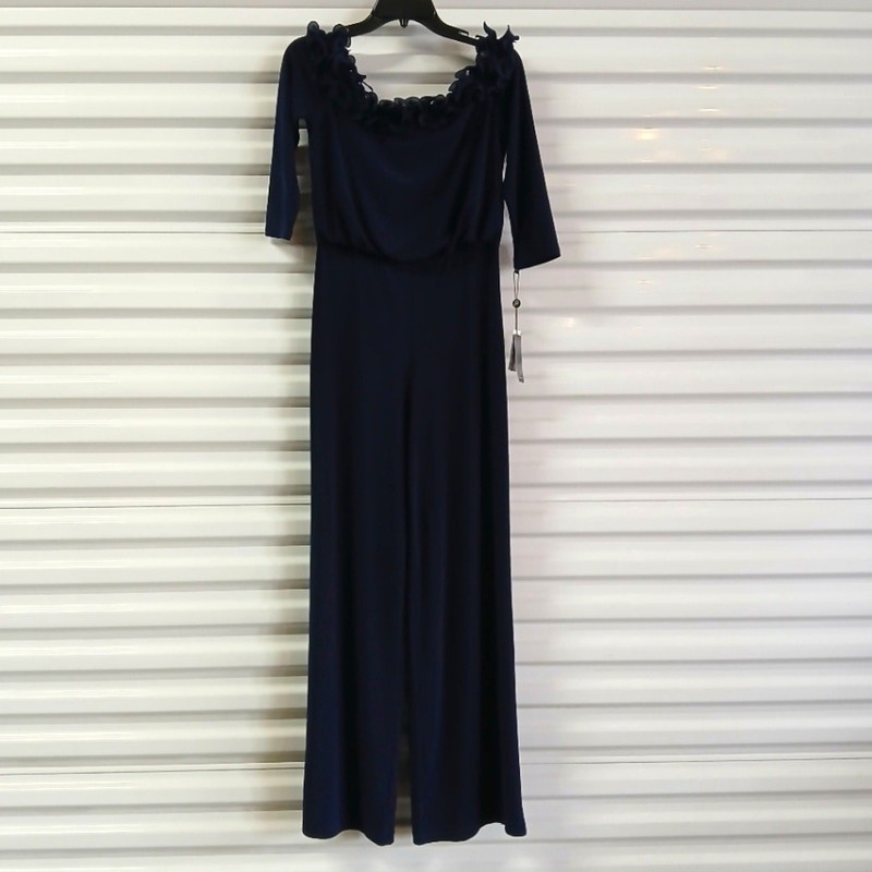 Adrianna Papell Jumpsuit Women's 6 Navy Blue Off Shoulder Formal Evening Pants