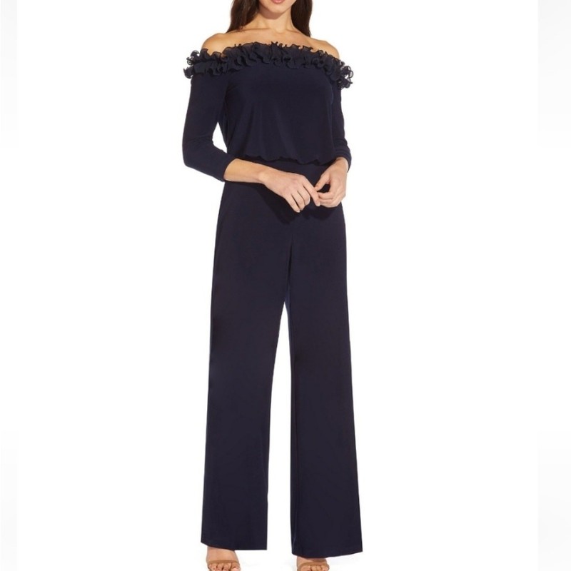 Adrianna Papell Jumpsuit Women's 6 Navy Blue Off Shoulder Formal Evening Pants