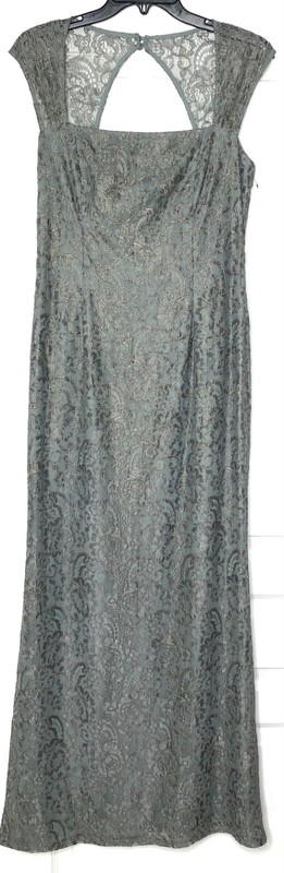 ADRIANNA PAPELL Sea Green Gray Gold Corded Lace Cut-out Back Maxi Gown Dress 8 M