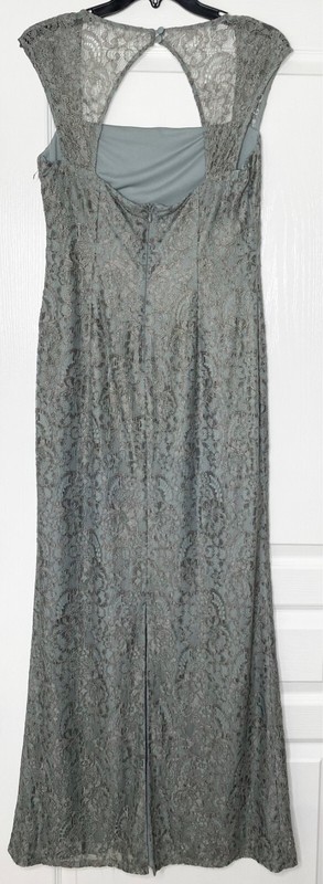 ADRIANNA PAPELL Sea Green Gray Gold Corded Lace Cut-out Back Maxi Gown Dress 8 M