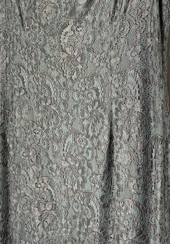 ADRIANNA PAPELL Sea Green Gray Gold Corded Lace Cut-out Back Maxi Gown Dress 8 M