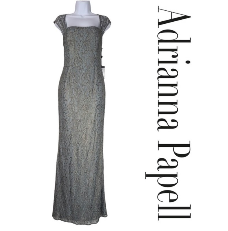 ADRIANNA PAPELL Sea Green Gray Gold Corded Lace Cut-out Back Maxi Gown Dress 8 M