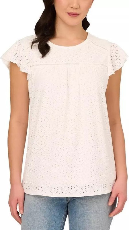 Adrianna Papell Women's Short Ruffle Sleeve Eyelet Knit Blouse Top