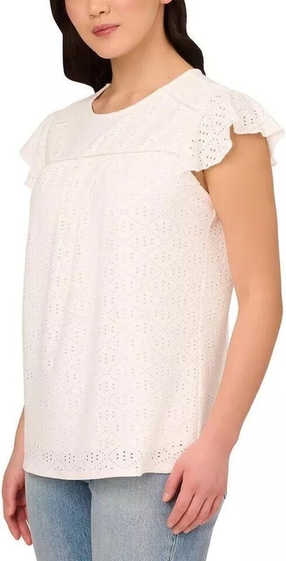 Adrianna Papell Women's Short Ruffle Sleeve Eyelet Knit Blouse Top