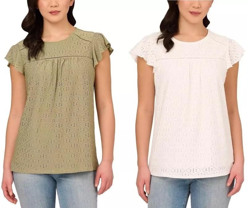 Adrianna Papell Women's Short Ruffle Sleeve Eyelet Knit Blouse Top