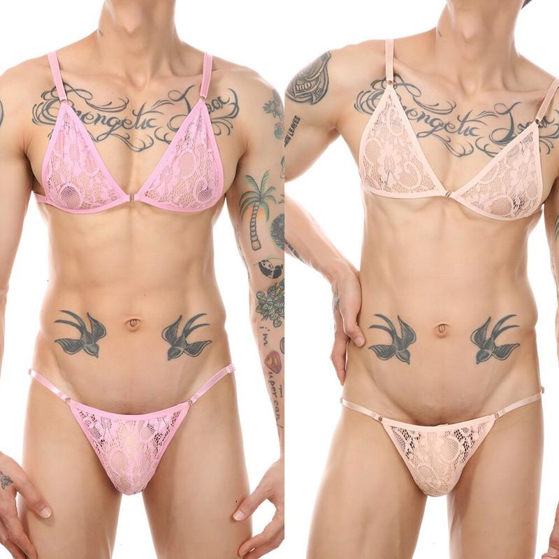 Adult Sissy Transgender Mens Bra Suit Lace Sexy Lingerie Bras Cool Thong Panties