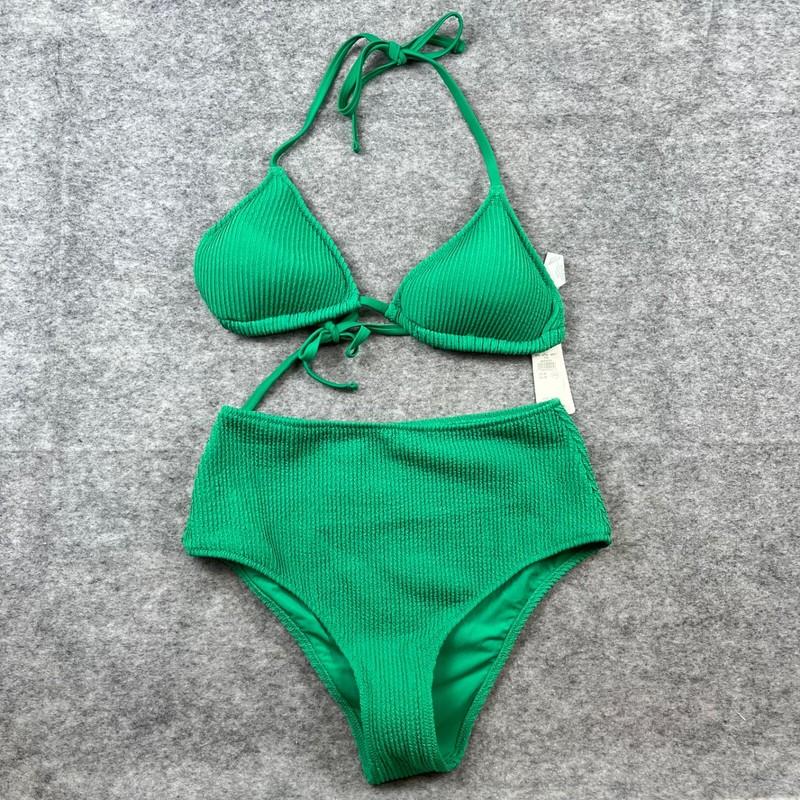 Aerie Crinkle Bikini Set Kelly Green Size M String Triangle Top High Cheeky NWT
