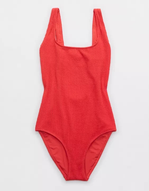Aerie Crinkle Scoop Full Coverage One-Piece Swimsuit SMALL Resort Red