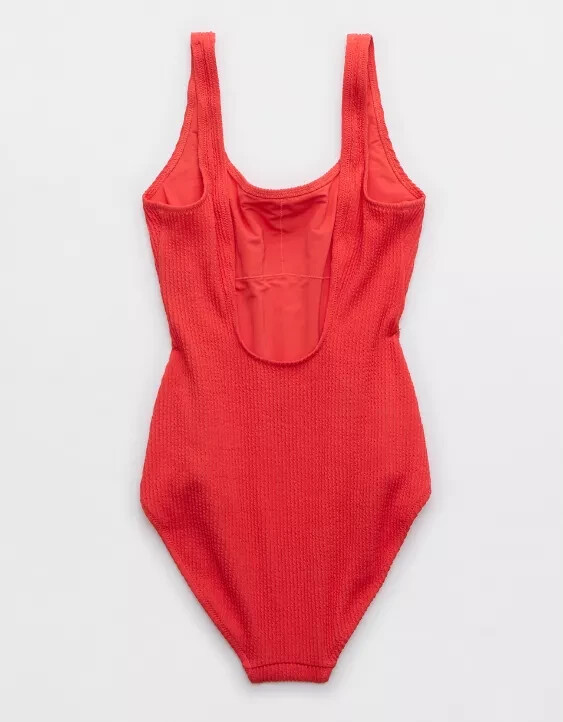 Aerie Crinkle Scoop Full Coverage One-Piece Swimsuit SMALL Resort Red