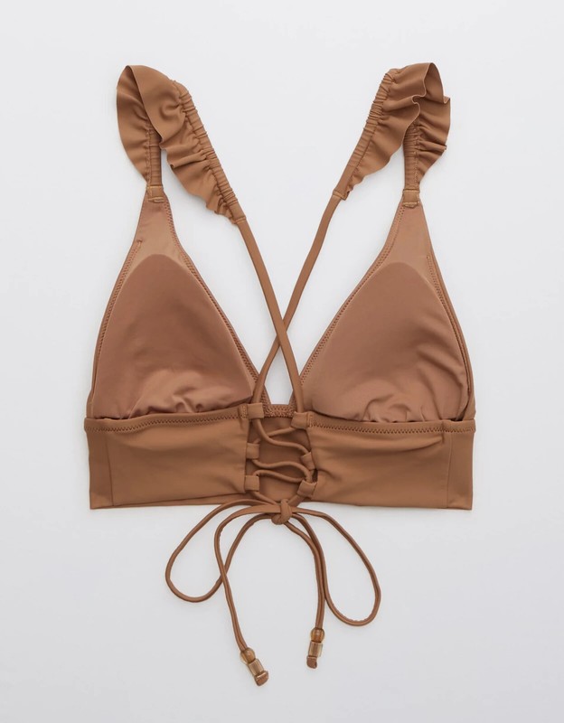 Aerie Women's Ruffle Tie Longline Triangle Bikini Top Cedar Expedition Size M