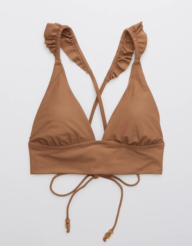 Aerie Women's Ruffle Tie Longline Triangle Bikini Top Cedar Expedition Size M