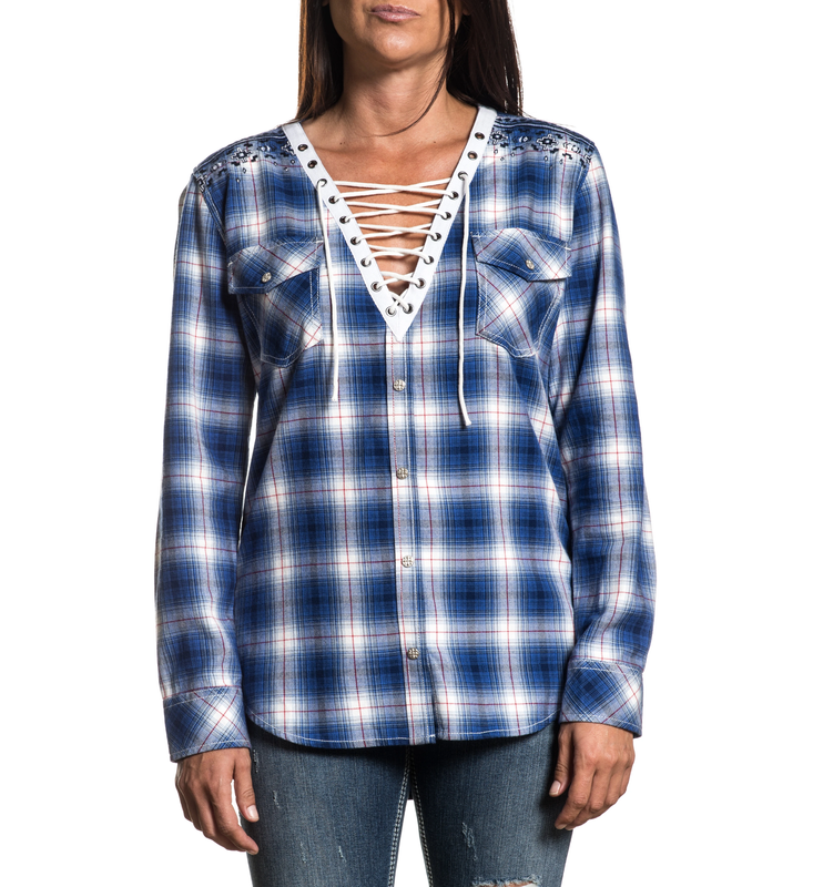 AFFLICTION Women's Long Sleeve Button Down Shirt CRYSTAL VISION Embroidered