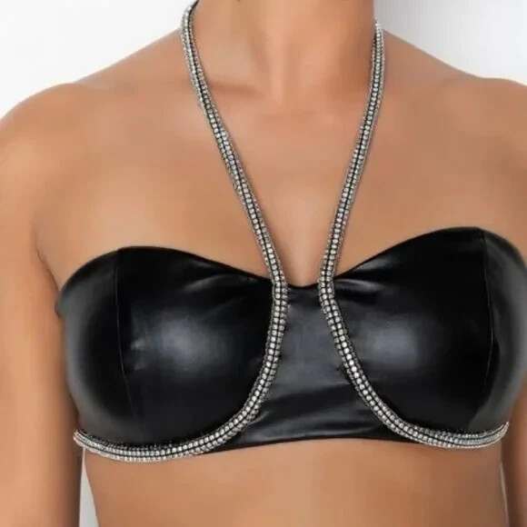 AKIRA MAKING AN APPEARANCE STUDDED HALTER FAUX LEATHER BUSTIER ASST 153983 NEW