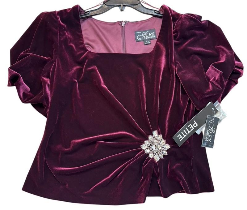 Alex Evenings Petite XL Velvet Top Wine Puff Sleeve Embellished NWT $139 PXL