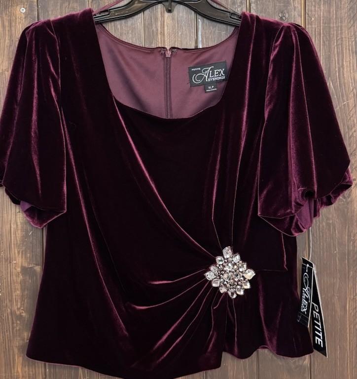 Alex Evenings Petite XL Velvet Top Wine Puff Sleeve Embellished NWT $139 PXL