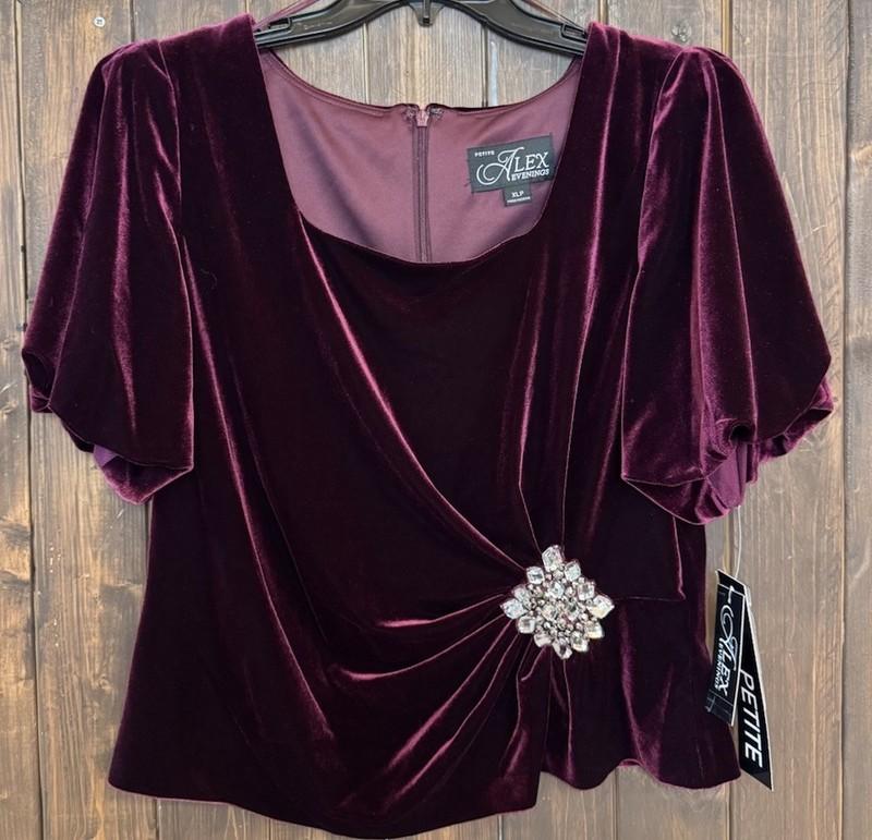 Alex Evenings Petite XL Velvet Top Wine Puff Sleeve Embellished NWT $139 PXL