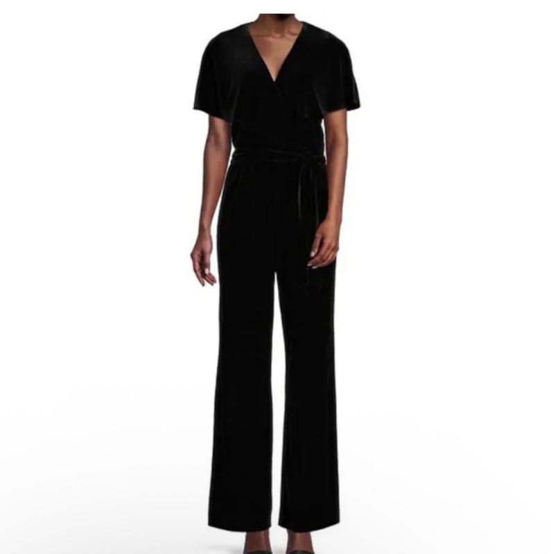 Alex Marie Velvet Jumpsuit Size 10 Black Belted V Neck