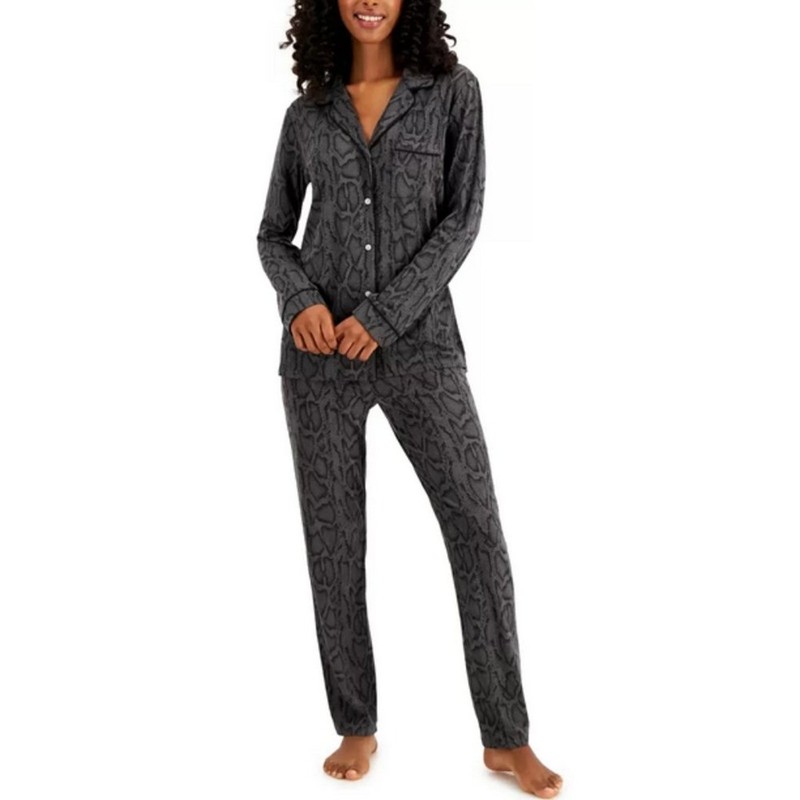 Alfani Womens Ultra-Soft Printed Pajama Set Grey Snake Small