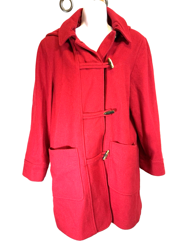 Alfred Dunner Long Overcoat Women's 10 Red Removable Toggled Hood Lined