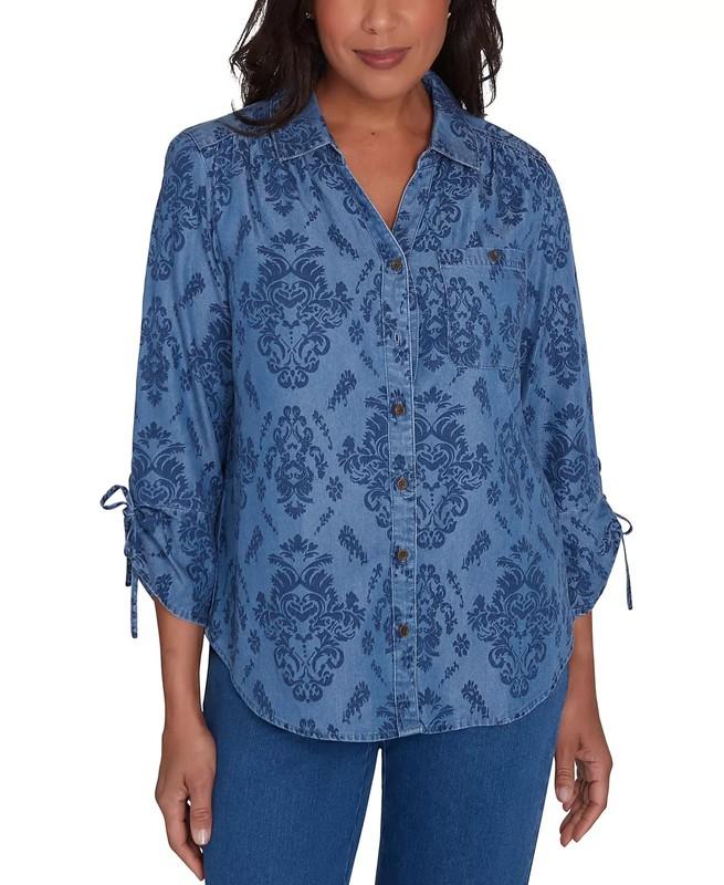Alfred Dunner Women's Top Petite PL Button Front Drawstring
