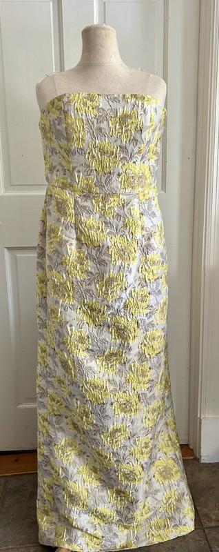 Alfred Sung Metallic Yellow White Floral Jacquard Strapless Sheath Gown Size 6