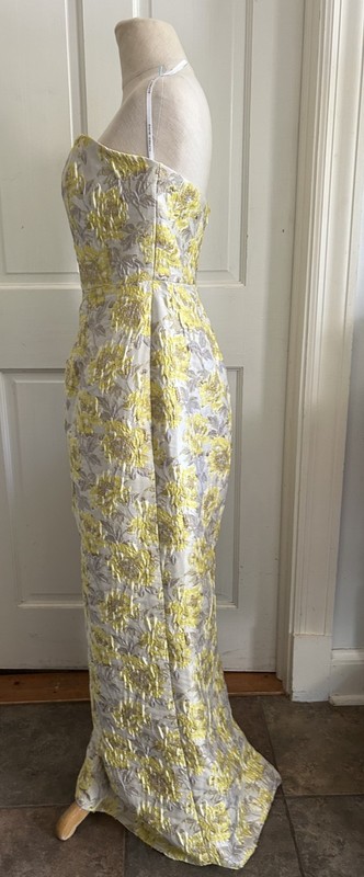 Alfred Sung Metallic Yellow White Floral Jacquard Strapless Sheath Gown Size 6