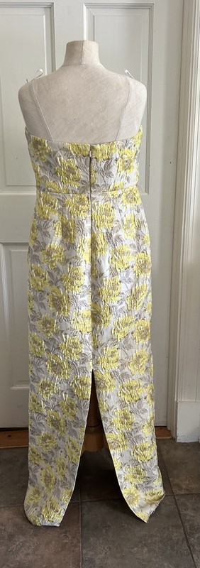 Alfred Sung Metallic Yellow White Floral Jacquard Strapless Sheath Gown Size 6